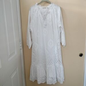 Soft Surroundings White Lined Cotton Long Sleeve Eyelet Dress L Vacation Boho